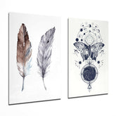 Feathers and Butterfly 2 Pieces Combine Glass Wall Art | Insigne Art Design.